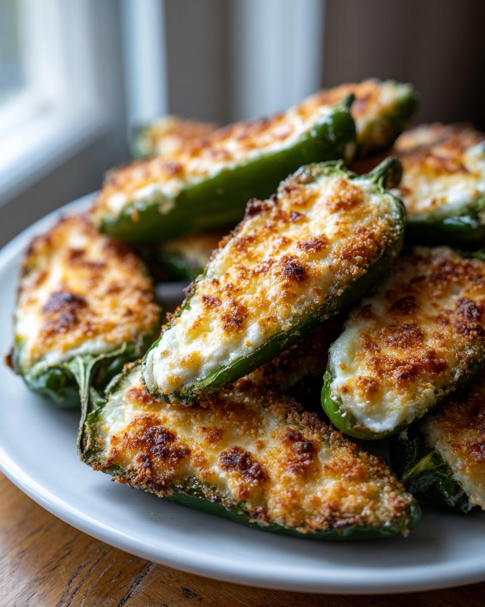 A close-up of several baked jalapeño poppers stuffed with creamy filling and topped with golden brown breadcrumbs.
