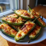 A pile of baked jalapeño poppers stuffed with creamy cheese and topped with golden-brown crust.