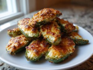 A pile of freshly baked jalapeño poppers with golden, melted cheese topping served on a white plate.
