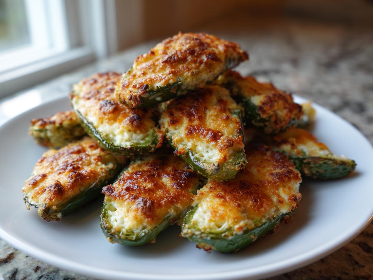 A pile of freshly baked jalapeño poppers with golden, melted cheese topping served on a white plate.