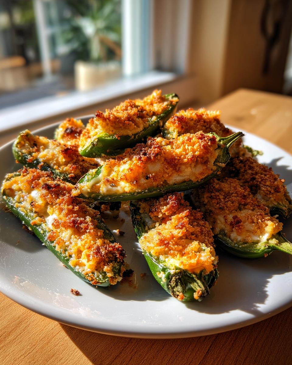 A plate of freshly baked Jalapeño poppers with golden, crispy breadcrumb topping, served indoors.