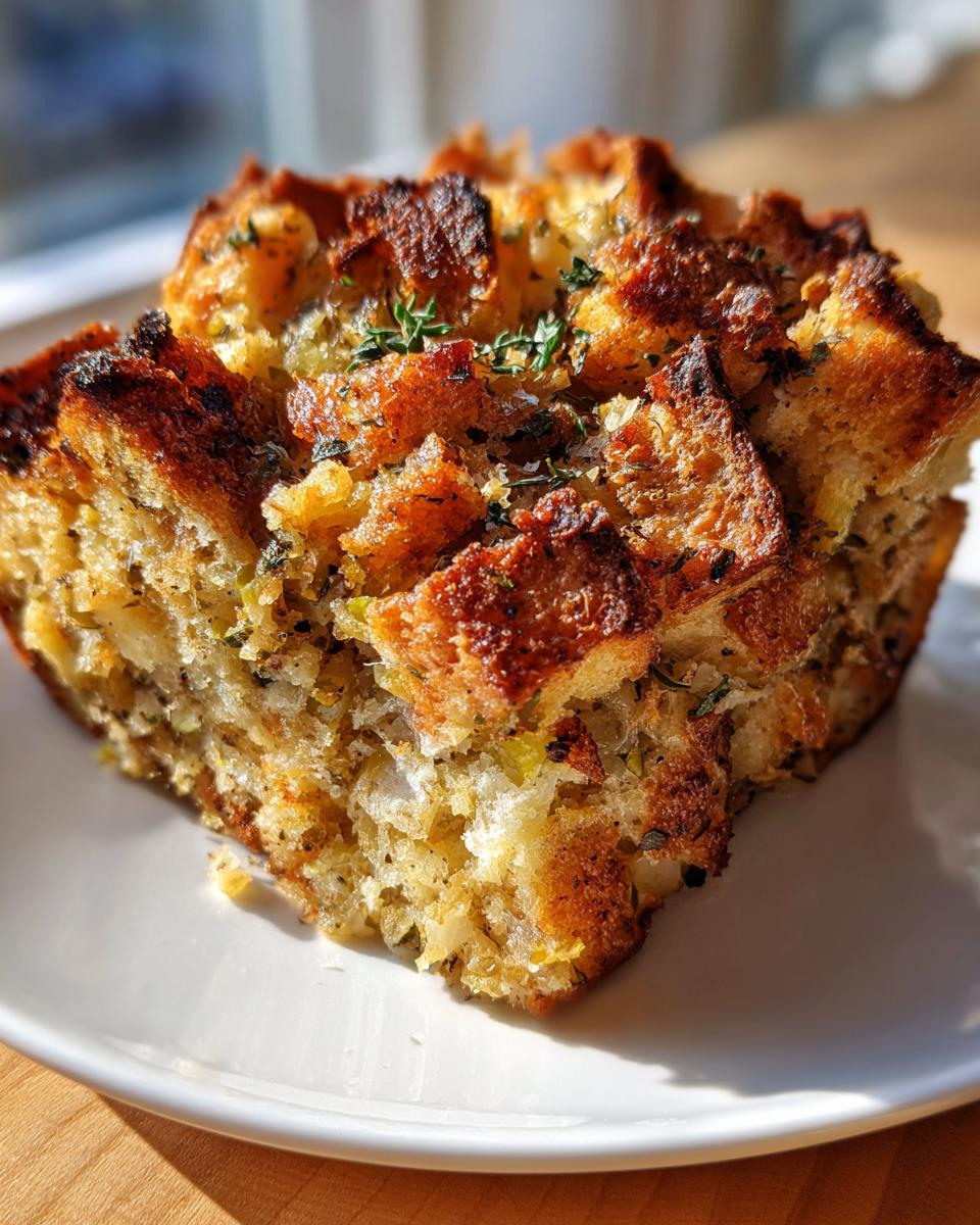 Close-up of a golden brown, crispy slice of homemade stuffing garnished with fresh thyme.