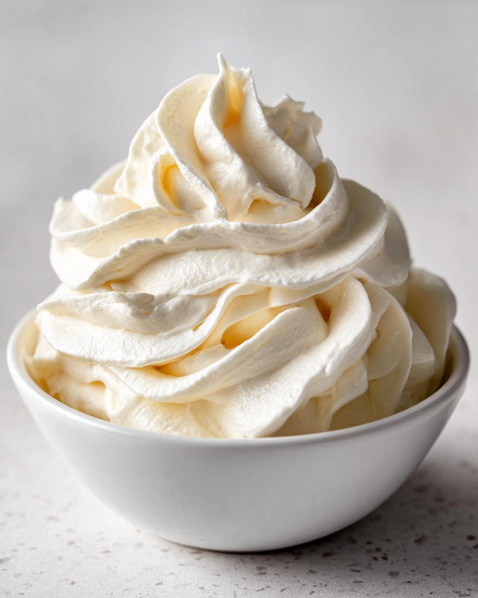 Close-up of perfectly piped, fluffy cream cheese frosting swirl in a small white bowl.