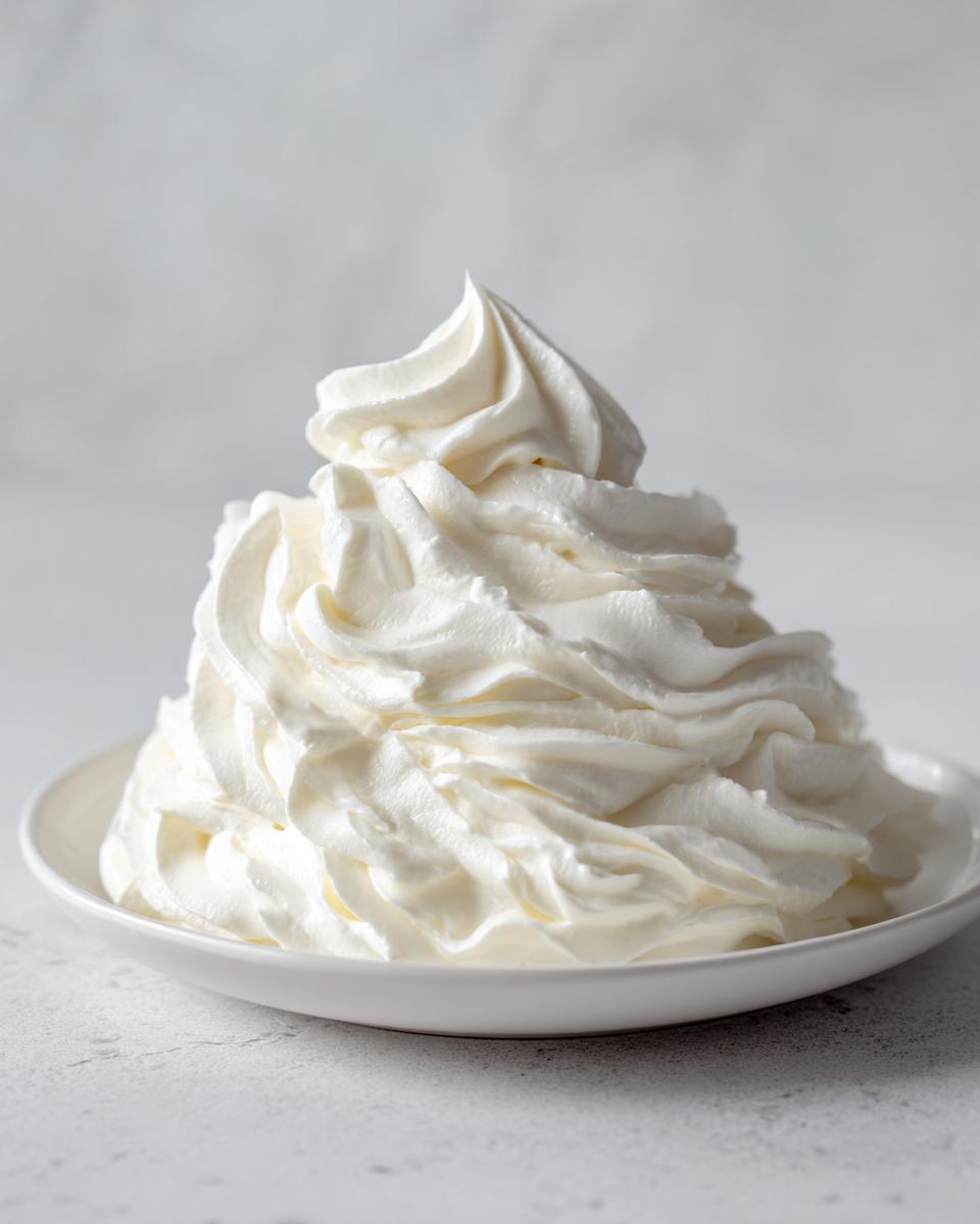 A tall, perfectly piped swirl of white, fluffy cream cheese frosting served in a small white bowl.