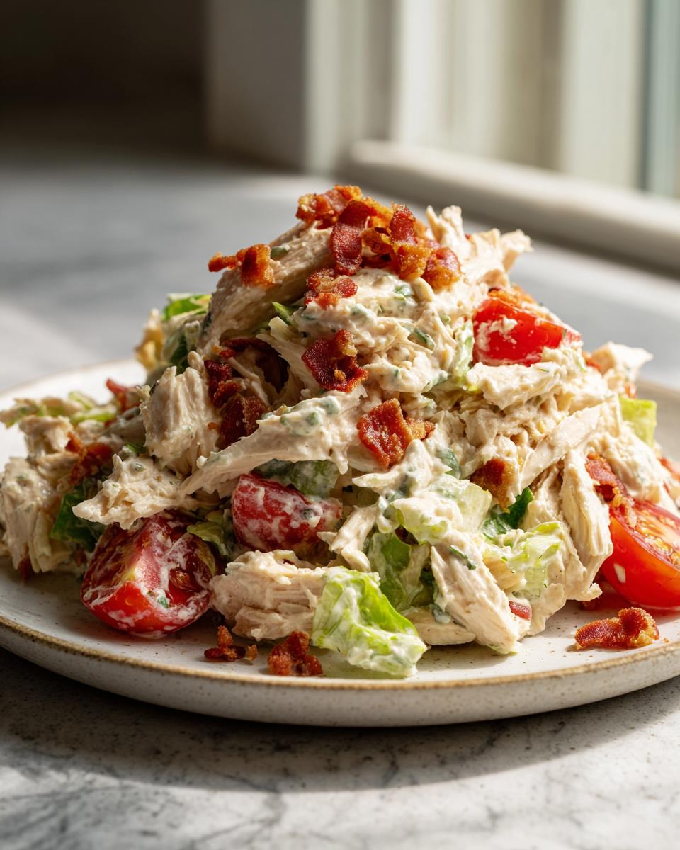 A mound of creamy blt chicken salad featuring shredded chicken, tomatoes, and lettuce, topped with crispy bacon pieces.