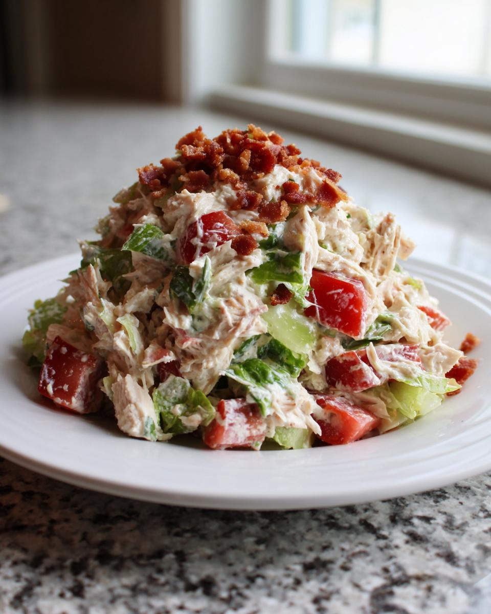 A generous mound of creamy blt chicken salad mixed with lettuce and tomatoes, topped with crispy bacon bits.
