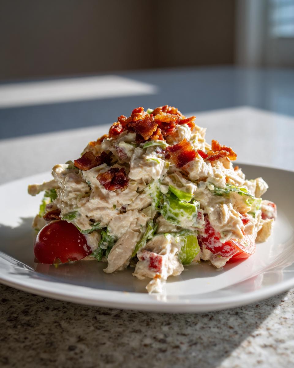 A mound of creamy blt chicken salad mixed with lettuce and tomato, topped with crispy bacon bits, served on a white plate.