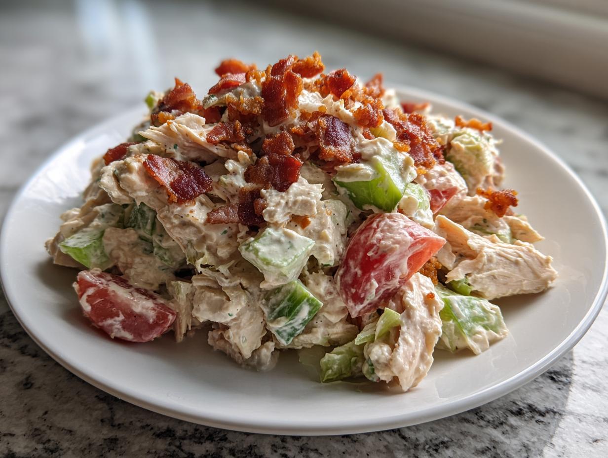 A mound of creamy blt chicken salad mixed with celery and tomato, topped generously with crispy bacon bits.