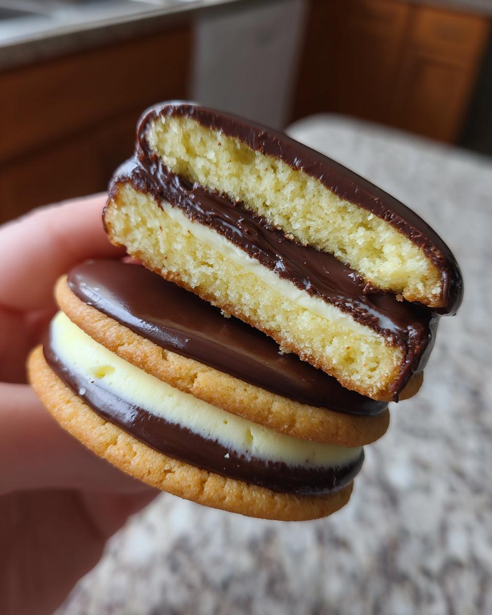 Close-up of two stacked boston cream pie cookies, one cut in half showing vanilla cream and chocolate ganache filling.