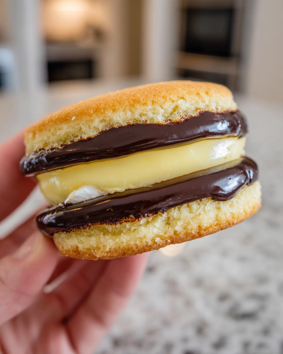 A person holding a delicious boston cream pie cookies sandwich filled with yellow custard and chocolate ganache.