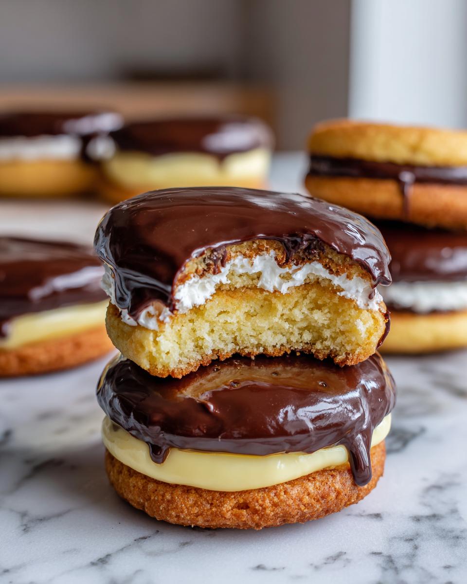Stack of two boston cream pie cookies, one with a bite showing vanilla cream and cake, topped with chocolate ganache.