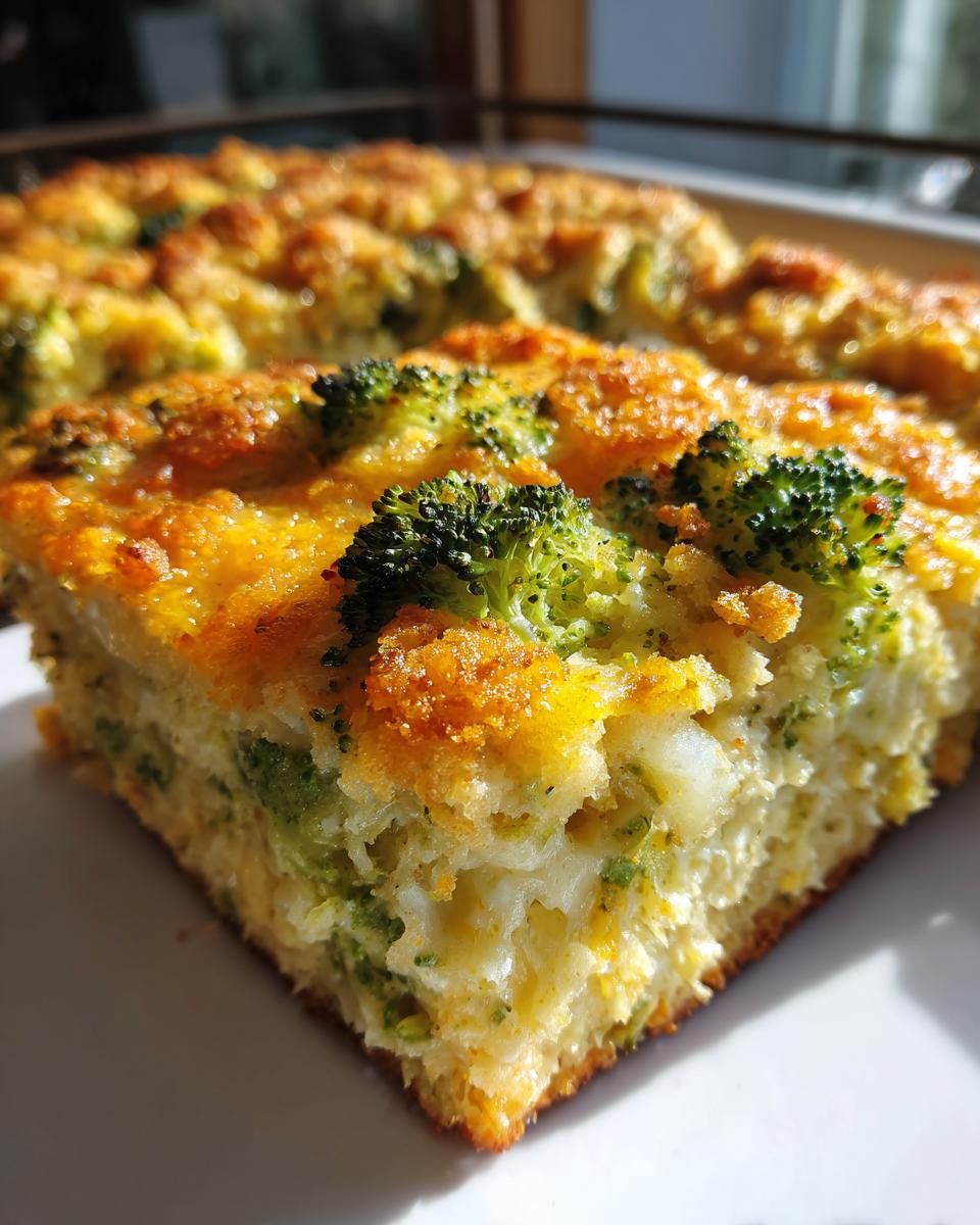 A close-up, sunlit slice of cheesy, baked broccoli casserole showing florets and a golden crust.