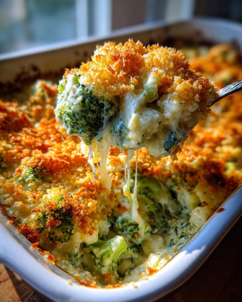 A spoonful of creamy, cheesy broccoli cauliflower casserole being lifted from a white baking dish, showing a golden breadcrumb topping.