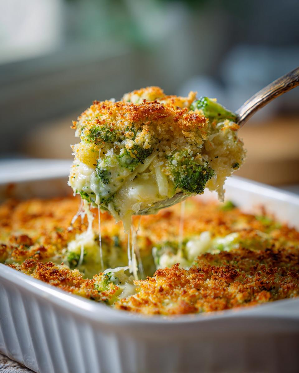 A spoonful of creamy broccoli cauliflower casserole with a golden, crunchy topping being lifted from the dish.