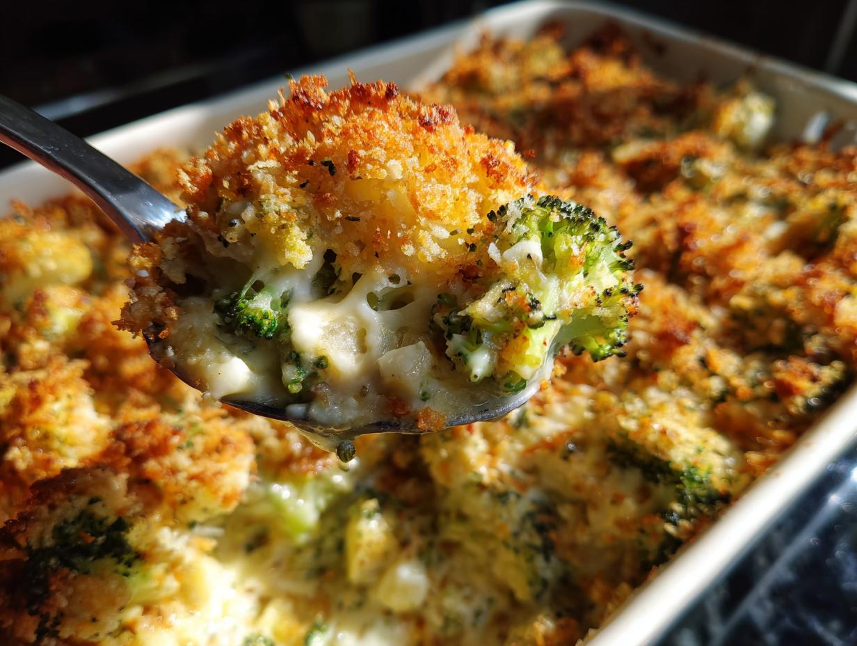A spoonful of creamy broccoli cauliflower casserole with a golden, crunchy breadcrumb topping being lifted from the dish.