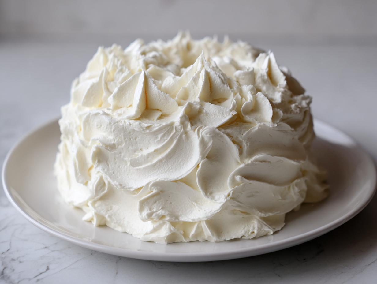 A small, round cake entirely covered in thick, swirled peaks of homemade cream cheese frosting.