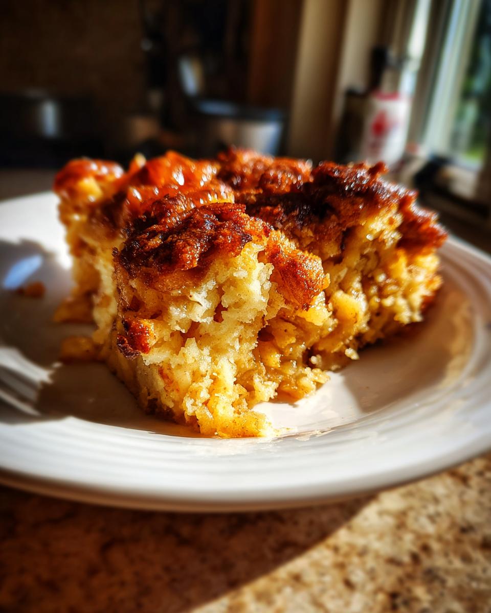 A close-up of a warm serving of caramel apple dump cake on a white plate, showing a moist interior and caramelized top.