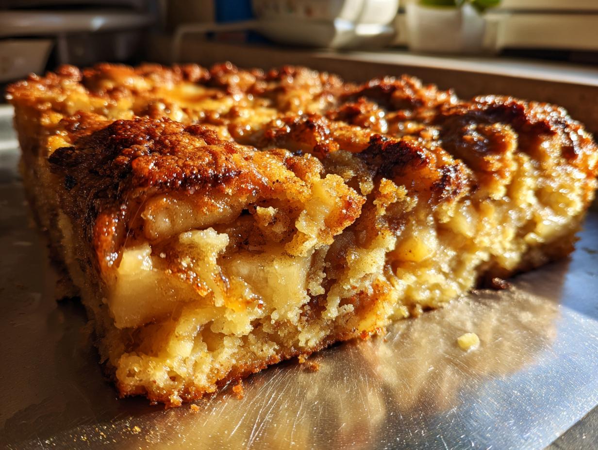 Close-up of a moist slice of caramel apple dump cake showing tender apple chunks and a caramelized topping.