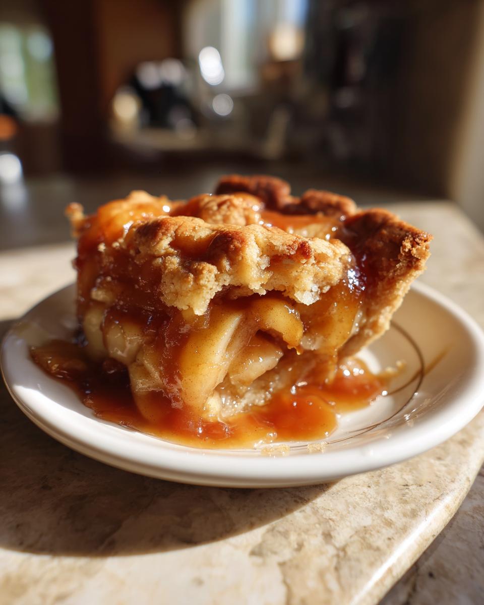 Close-up of a warm slice of caramel apple dump cake oozing with gooey caramel sauce.