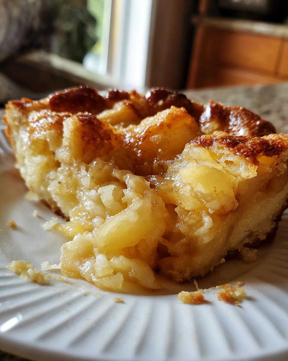 A close-up view of a moist slice of caramel apple dump cake on a white plate, showing soft apple chunks and caramel topping.