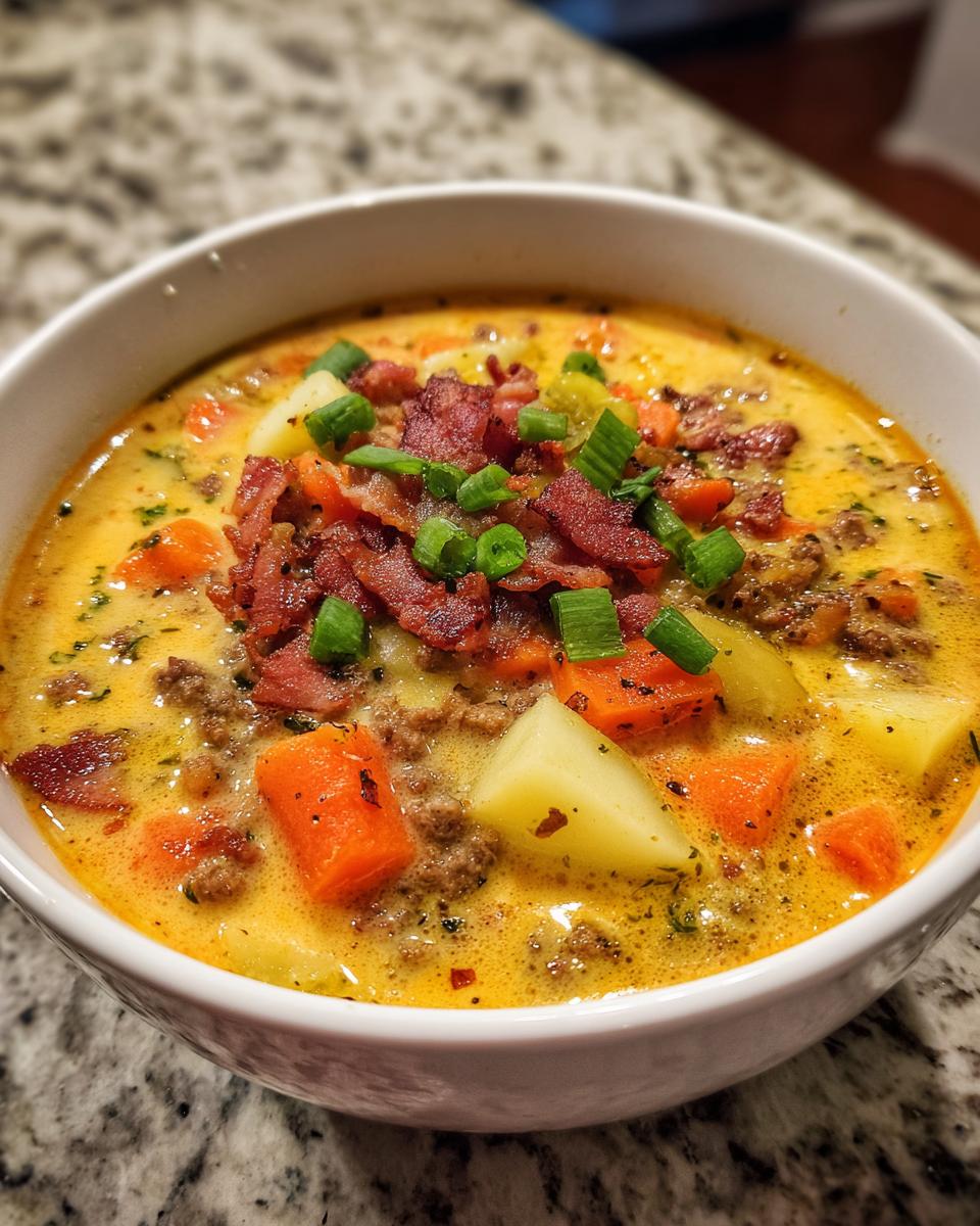 A close-up of a bowl of creamy cheeseburger soup recipe, featuring ground beef, potatoes, carrots, and bacon crumbles.