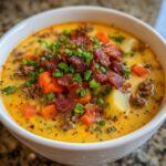 A close-up of a bowl of creamy cheeseburger soup recipe, loaded with ground beef, carrots, potatoes, and topped with crispy bacon and chives.