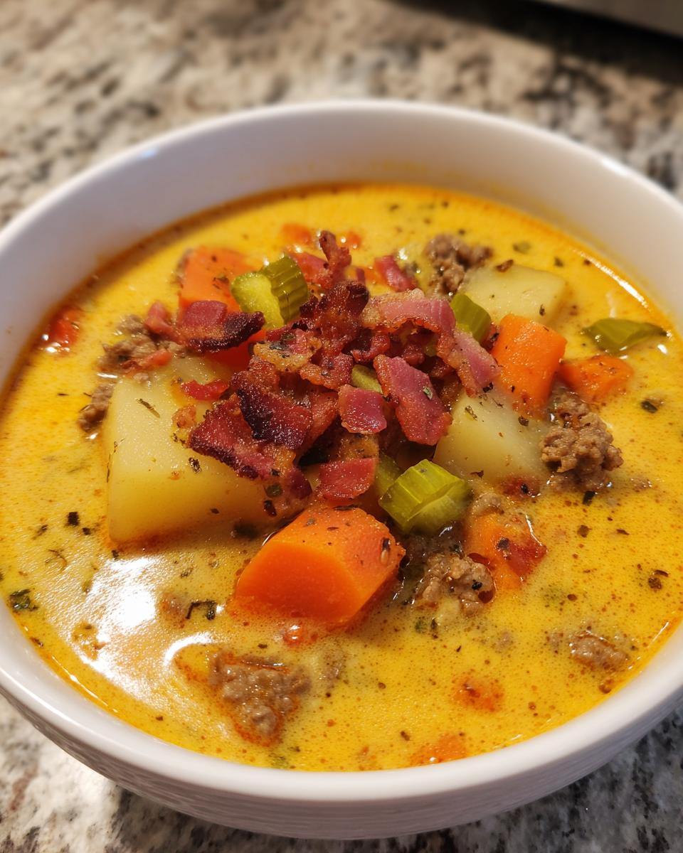 Close-up of a bowl of creamy cheeseburger soup recipe, featuring potatoes, carrots, ground beef, and crispy bacon bits.