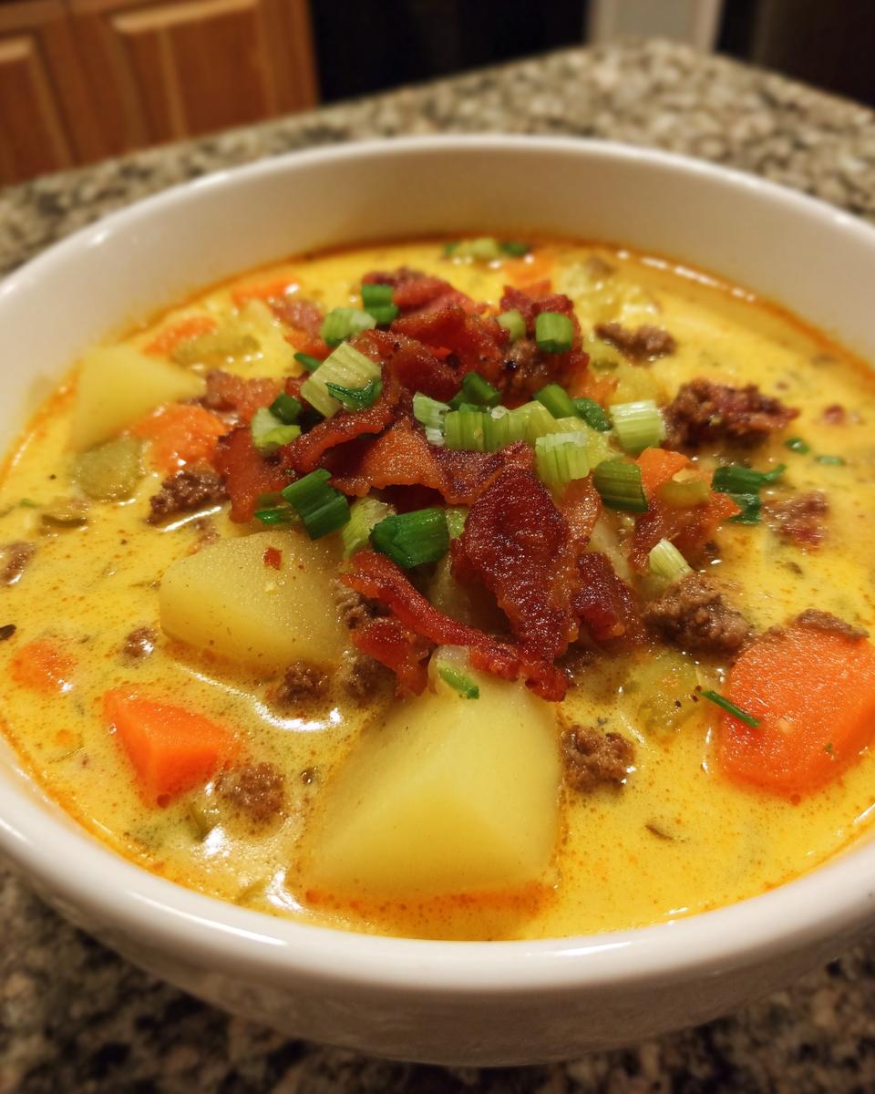 Close-up of a bowl of creamy cheeseburger soup recipe, featuring chunks of potato, carrots, ground beef, bacon, and green onions.
