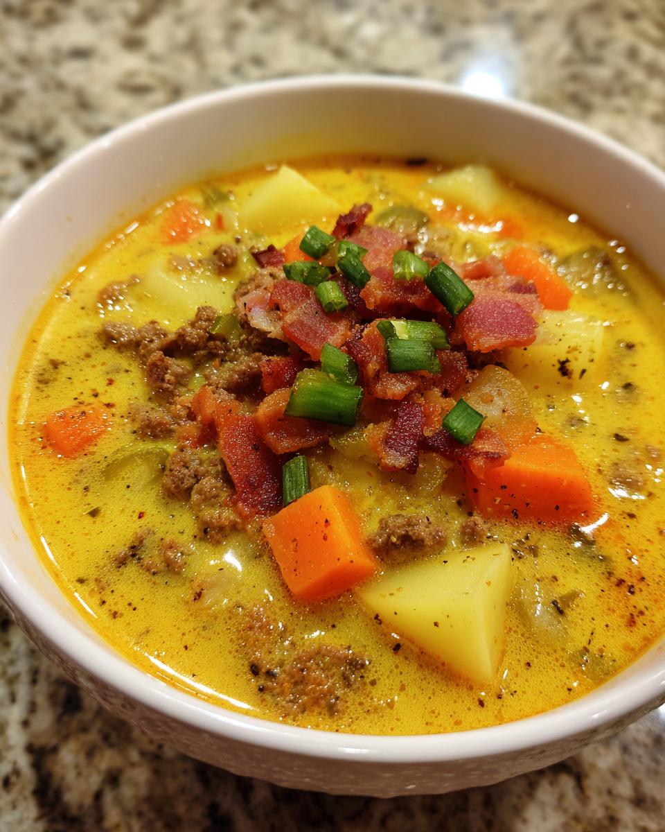 A close-up of a bowl of rich, yellow cheeseburger soup recipe, featuring ground beef, potato chunks, carrots, and topped with bacon bits and green onions.