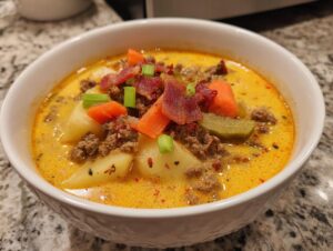 A hearty bowl of creamy, yellow cheeseburger soup recipe topped with ground beef, carrots, bacon, and green onions.