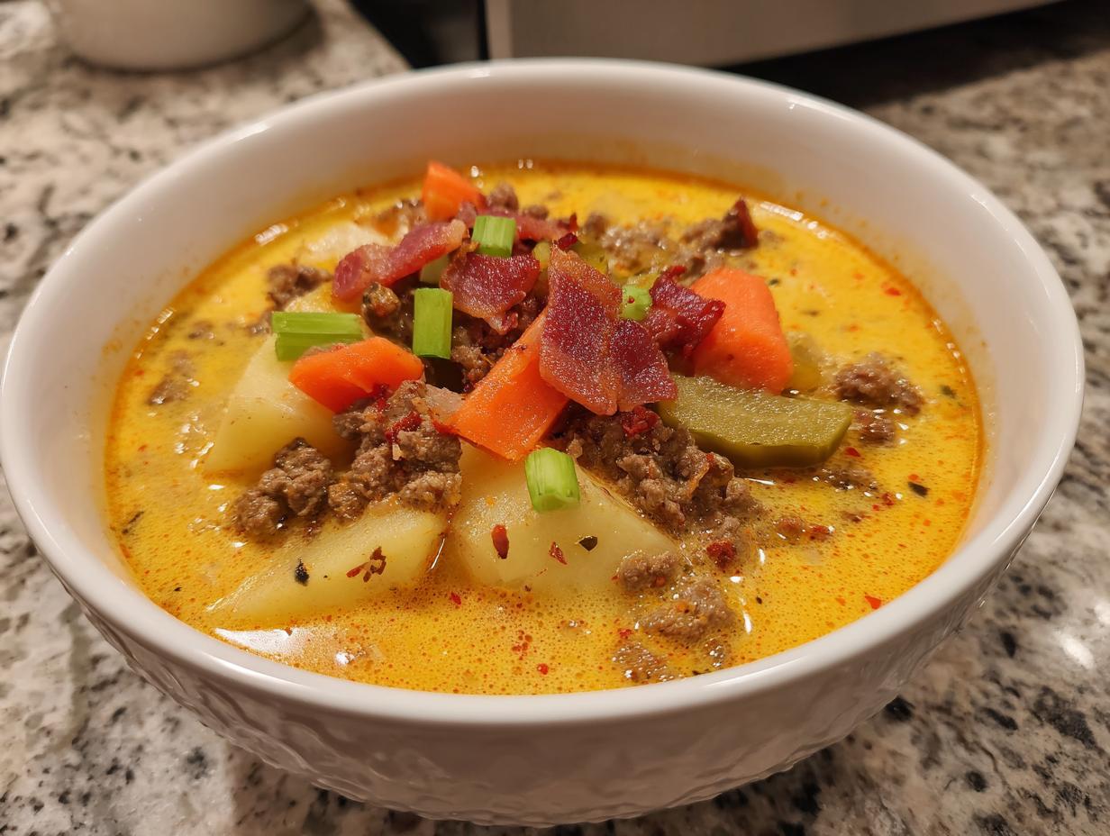 A hearty bowl of creamy, yellow cheeseburger soup recipe topped with ground beef, carrots, bacon, and green onions.