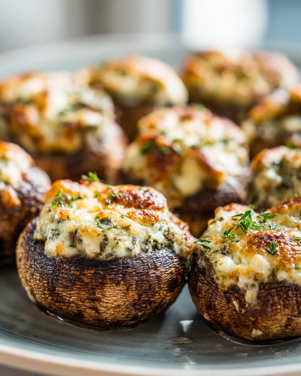 Close-up of several golden-brown stuffed mushrooms with a creamy, cheesy filling and fresh herbs.