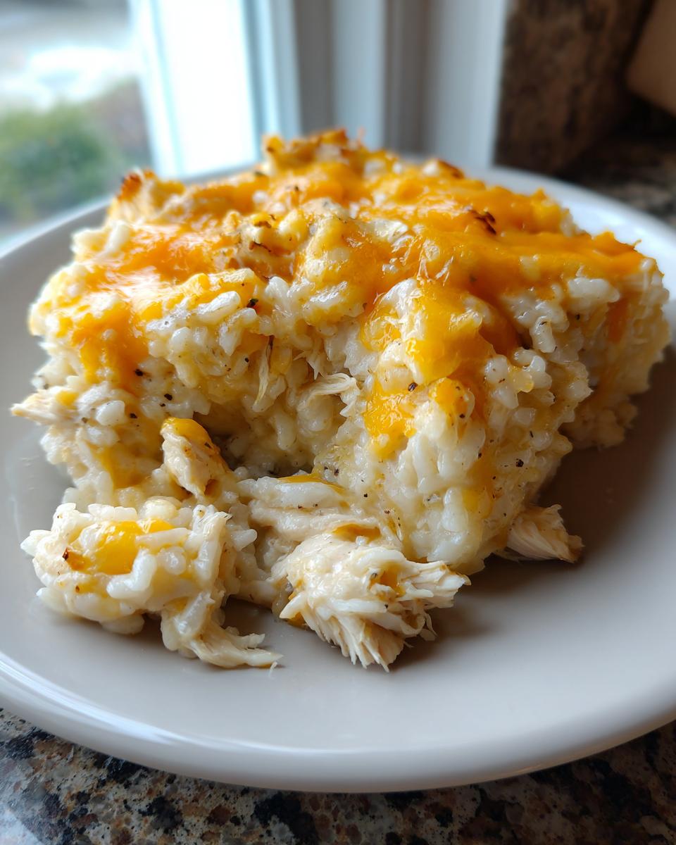 A close-up serving of creamy cheesy chicken and rice topped with melted orange cheddar cheese on a light plate.