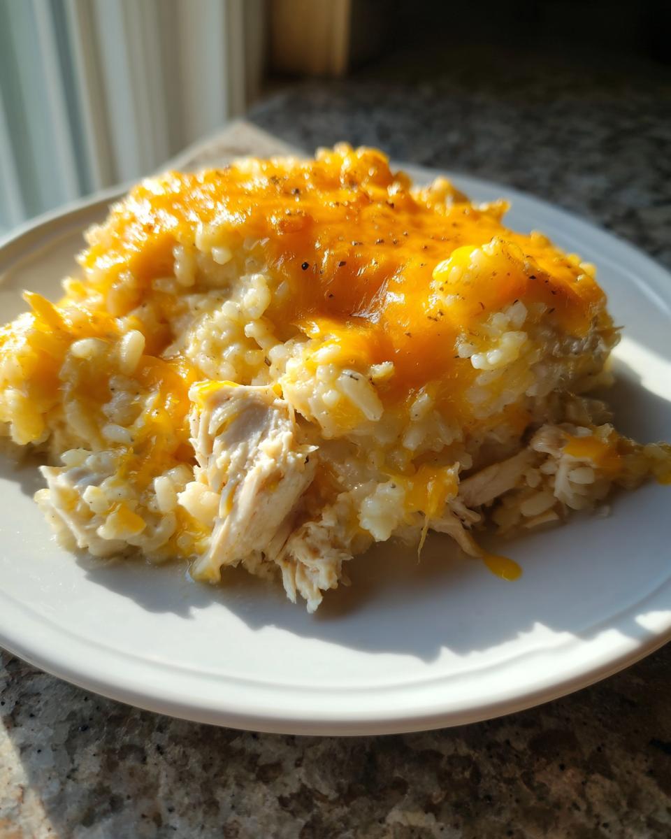 A scoop of creamy cheesy chicken and rice topped with melted orange cheddar cheese and pepper on a white plate.