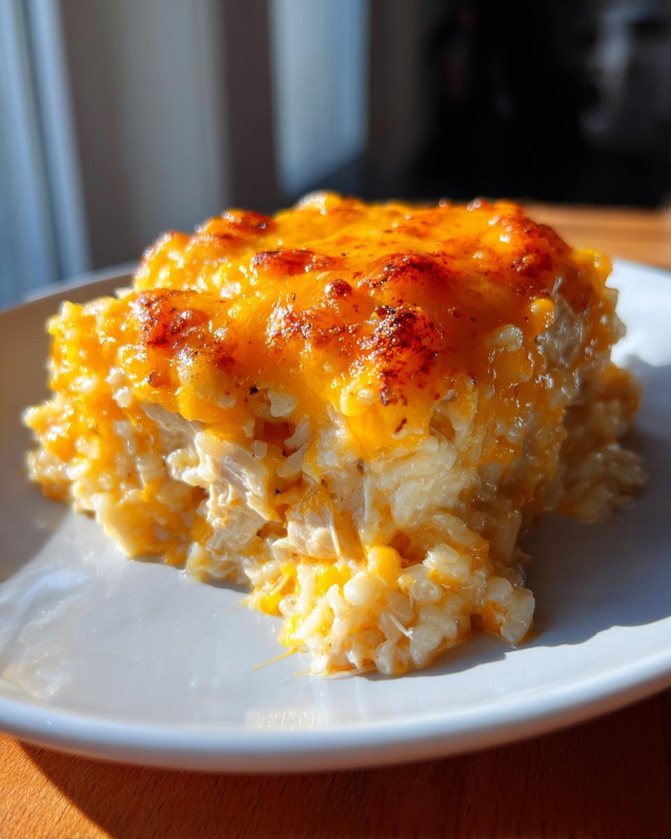 A square serving of cheesy chicken and rice casserole with a golden, melted, and slightly browned cheese topping.