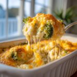 A spoonful of cheesy chicken broccoli rice casserole showing a dramatic cheese pull over the baking dish.