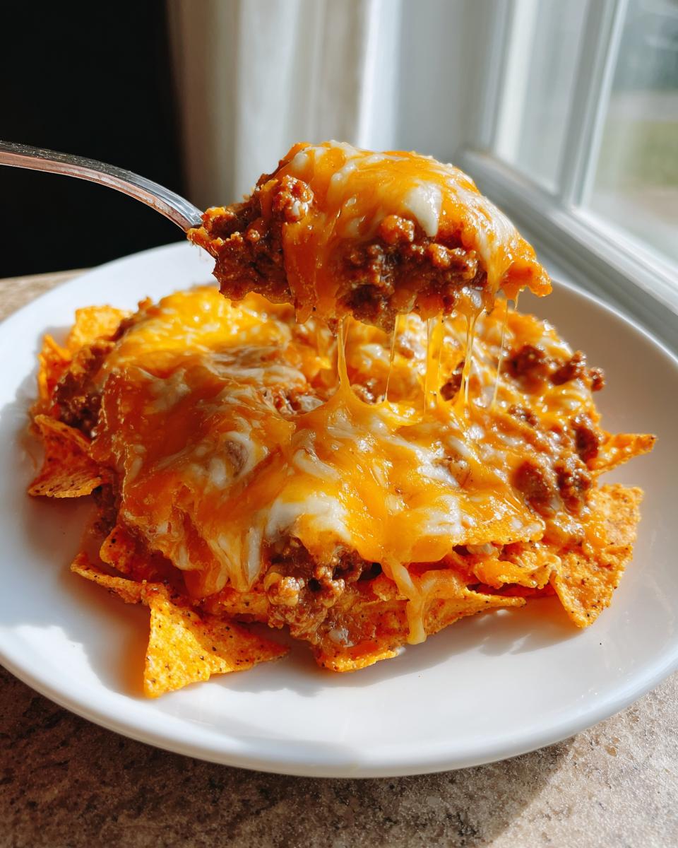 A fork lifts a cheesy, meaty scoop from a plate of Dorito Casserole, showing melted cheese strings.