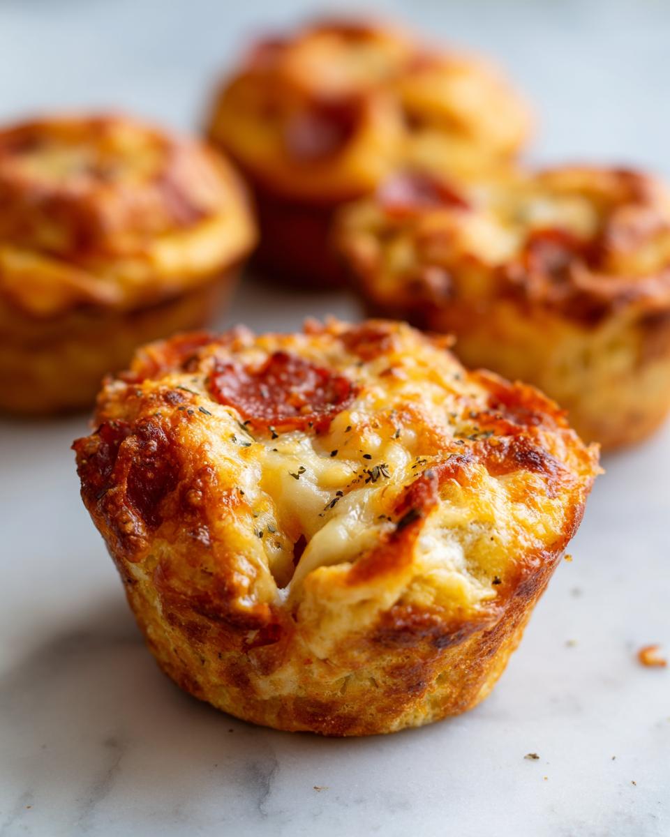 A close-up of a golden-brown pizza muffin topped with melted cheese and pepperoni, one of several pizza muffins visible.