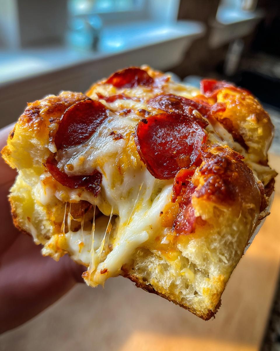 Close-up of a cheesy pepperoni pizza sliders piece showing extreme cheese pull and golden crust.