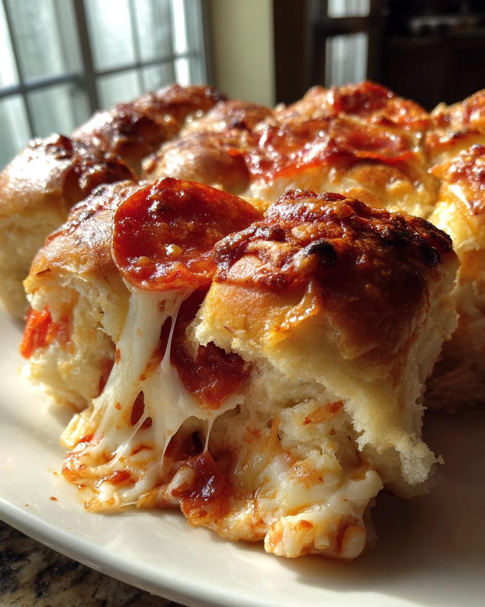 Close-up of a cheesy pizza sliders roll being pulled apart, showing melted mozzarella cheese strings and pepperoni.