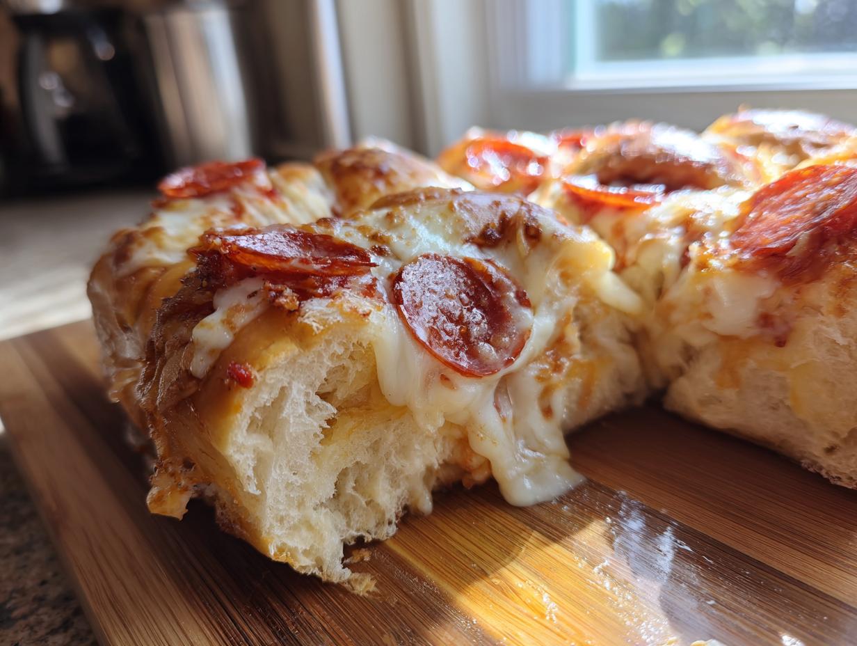 Close-up of freshly baked pizza sliders showing melted cheese stretching between the rolls and pepperoni slices.