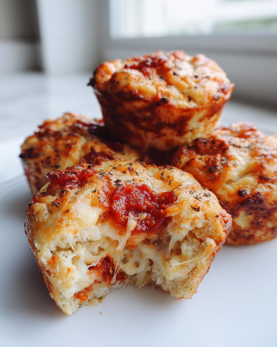 Four golden brown pizza muffins on a white plate, one with a bite taken out showing melted cheese pull.