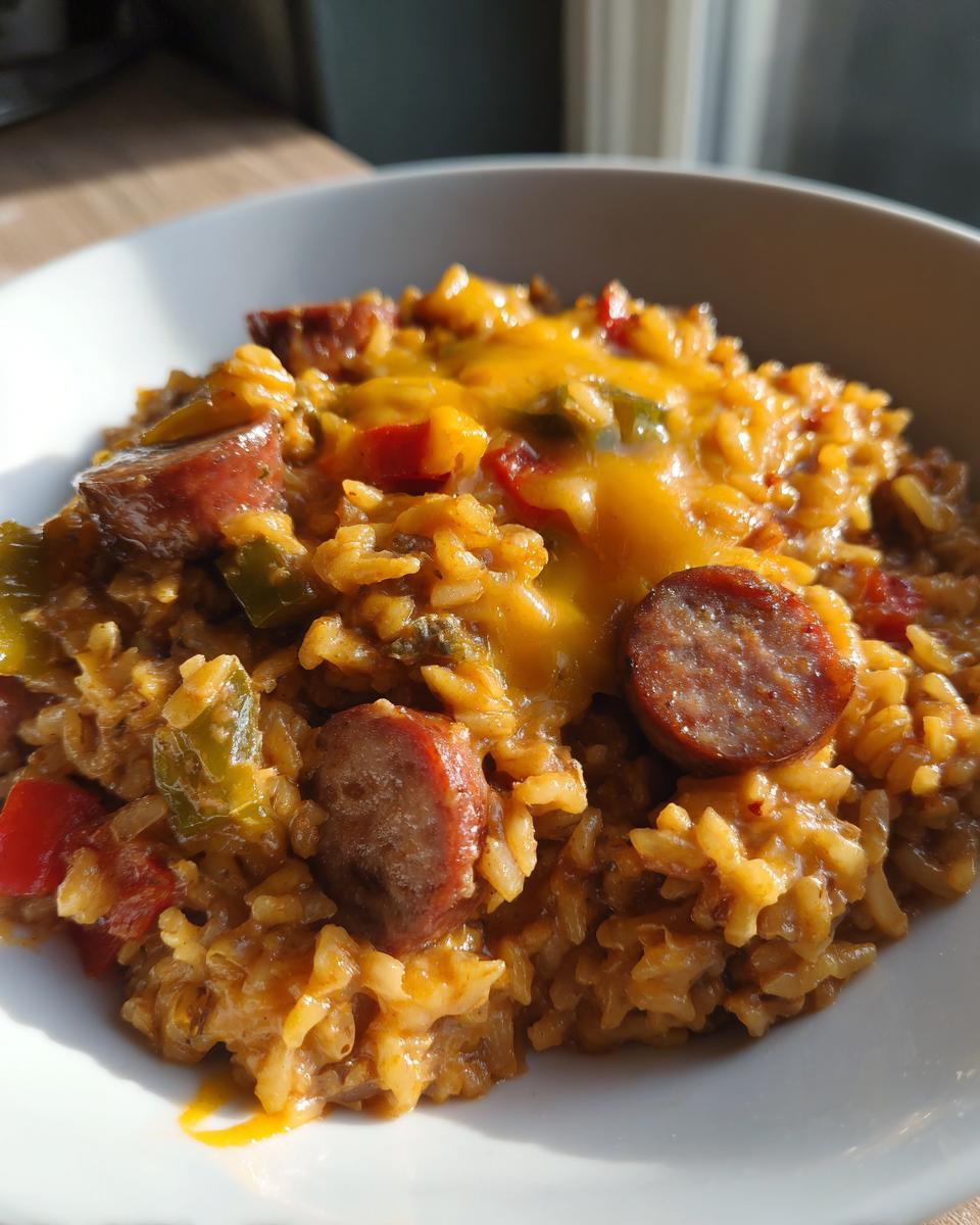 Close-up of a hearty bowl of cheesy sausage and rice mixed with peppers, highlighted by natural light.