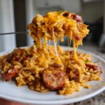 Close-up of a fork lifting cheesy sausage and rice, showing long, delicious cheese strings stretching down.