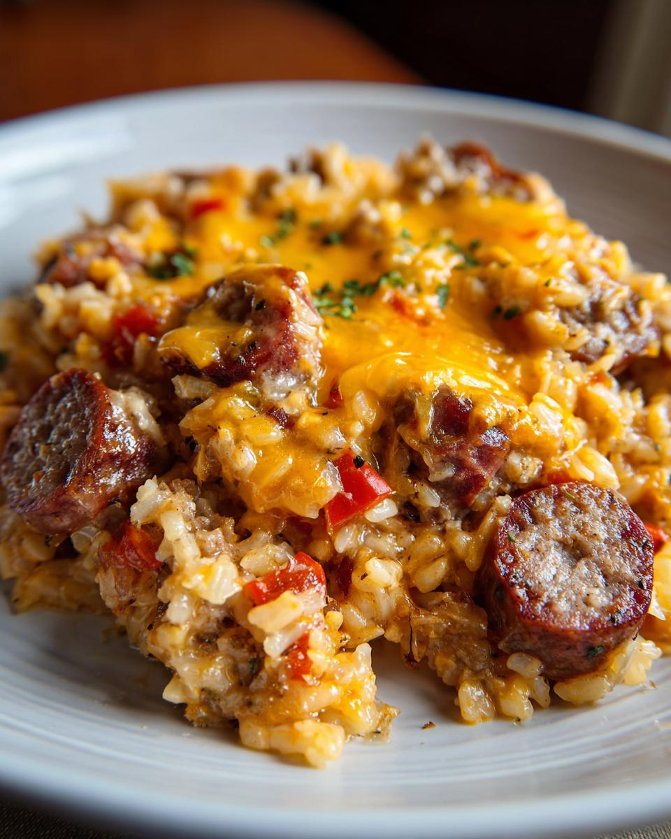 Close-up of a hearty serving of cheesy sausage and rice mixed with red peppers, topped with melted cheddar.