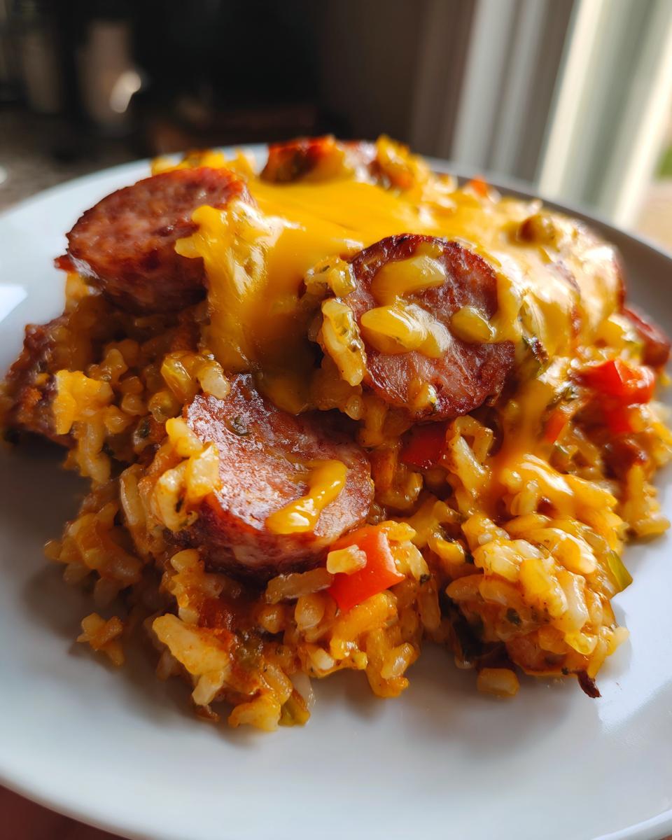 Close-up of a serving of cheesy sausage and rice mixed with peppers, topped with melted cheddar cheese.