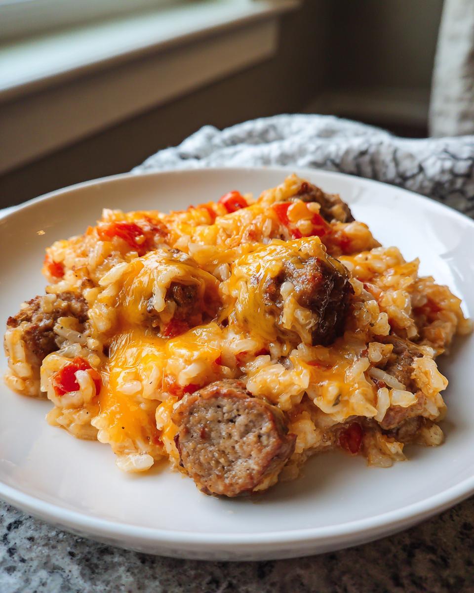A close-up of a serving of cheesy sausage and rice mixed with tomatoes on a white plate.