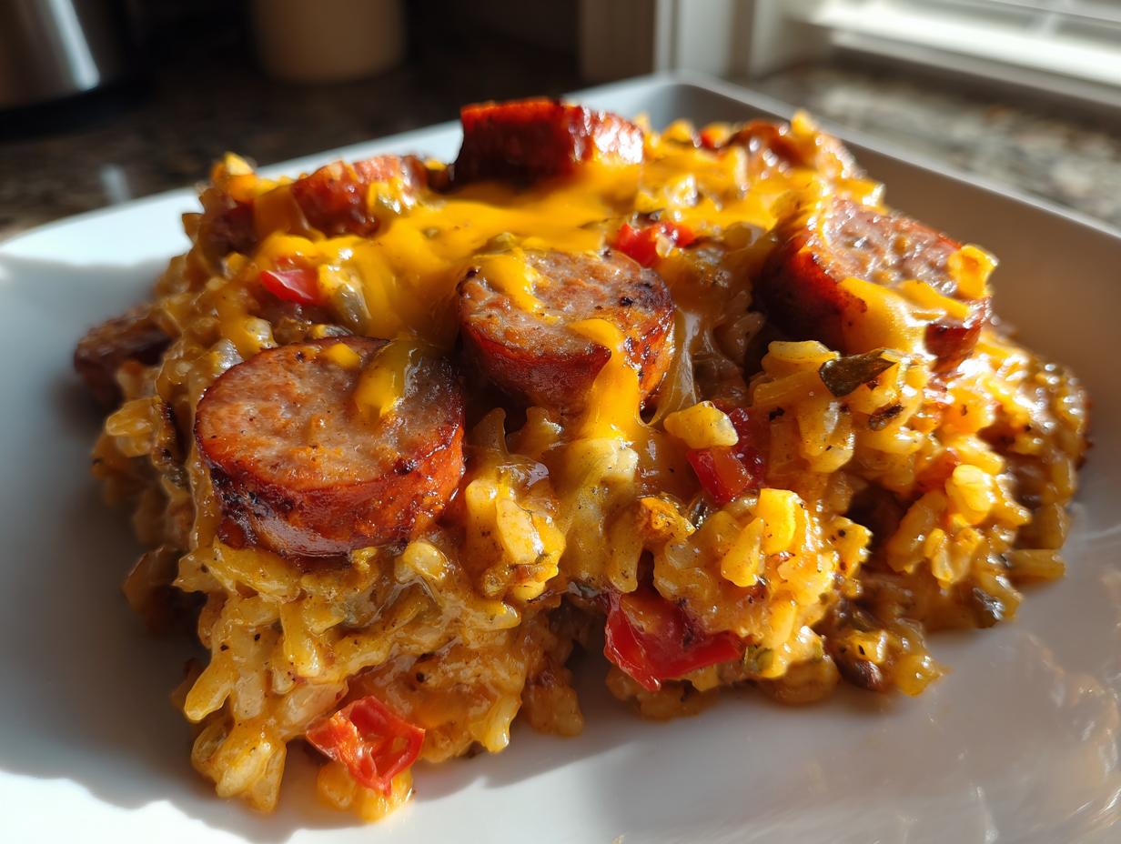 A close-up of a serving of cheesy sausage and rice, topped with browned sausage slices.
