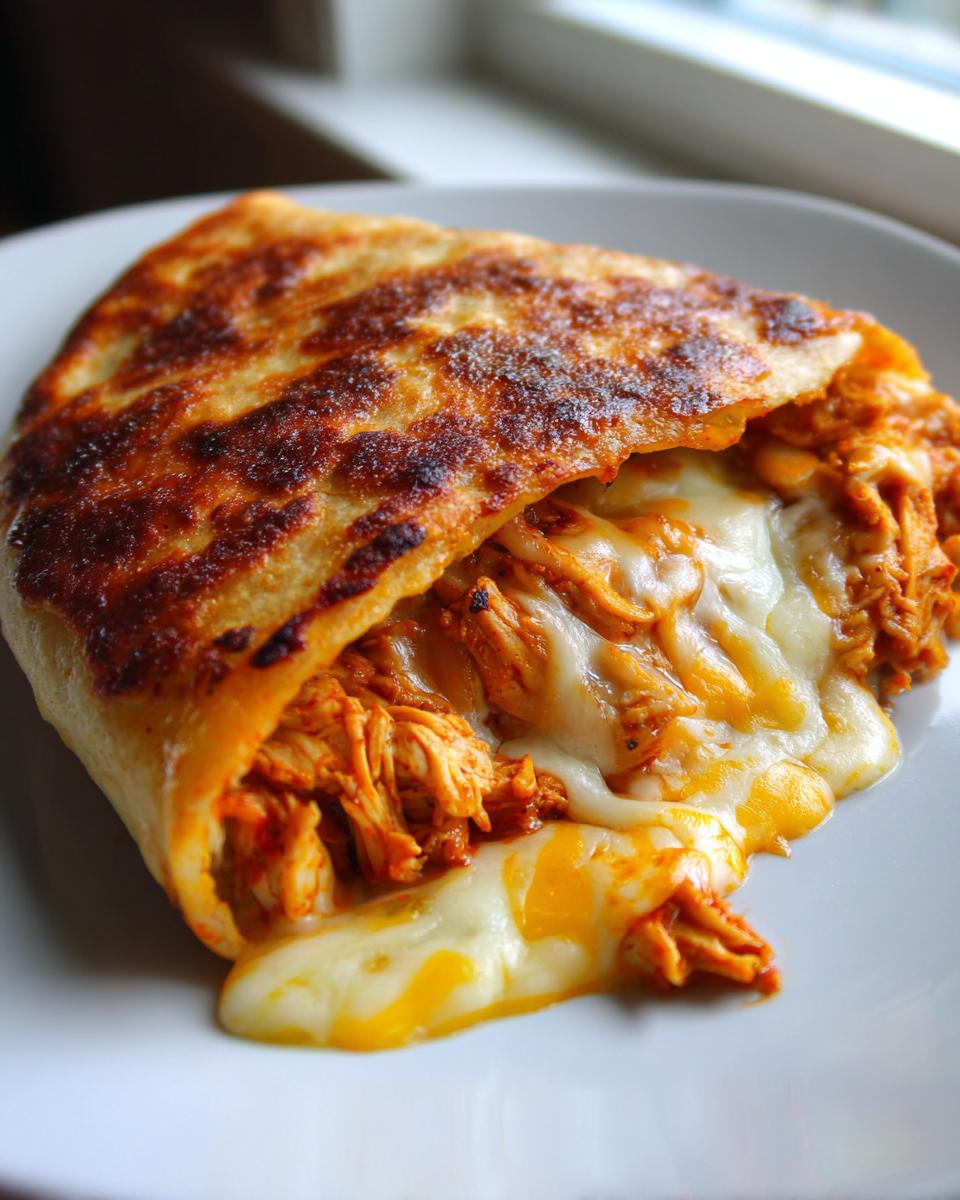 Close-up of a folded tortilla filled with saucy shredded chicken and melted cheese, reminiscent of quick chicken tacos.