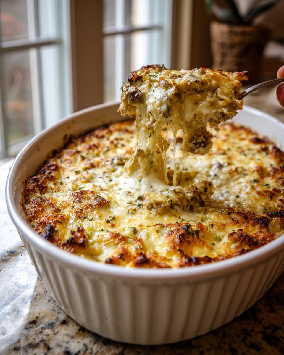 A spoonful of hot, cheesy stuffed mushroom dip showing long cheese pulls from the white baking dish.